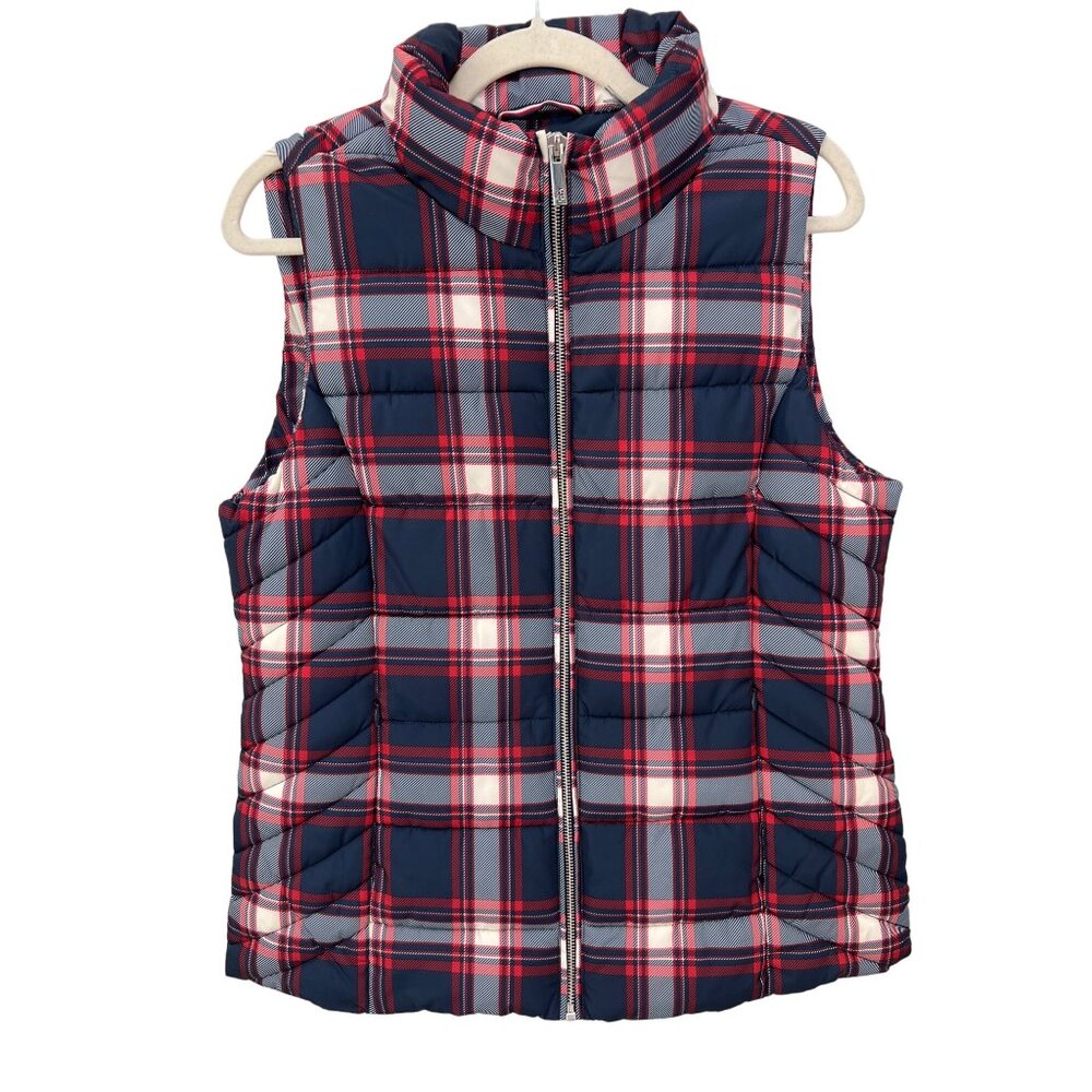 Tommy Hilfiger Full Zip Plaid Quilted Puffer Vest Womens Medium Blue Red Polyest - Picture 1 of 8